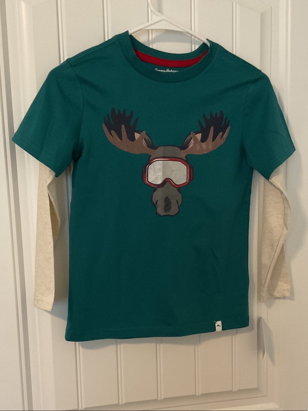 Tommy Bahama Teal Long-Sleeve Moose Graphic Tee with Cream Layered Sleeves